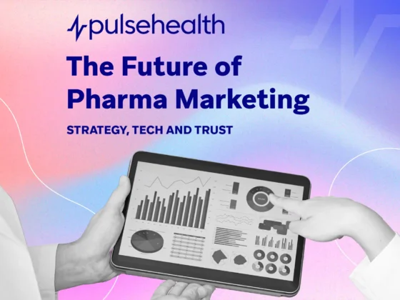 Pulse Health banner showing hands holding a tablet with marketing analytics charts against a pink-and-blue gradient background.