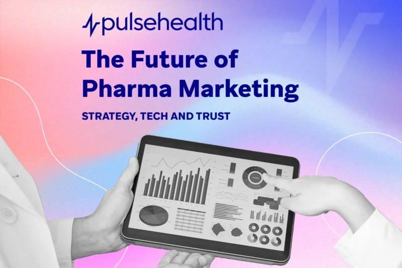 Pulse Health banner showing hands holding a tablet with marketing analytics charts against a pink-and-blue gradient background.