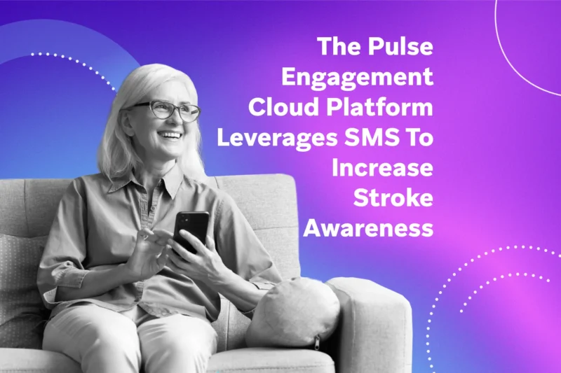 An older woman sits on a sofa smiling while using her smartphone in front of a purple-to-blue gradient background with dotted accents and a headline about SMS-driven stroke awareness.
