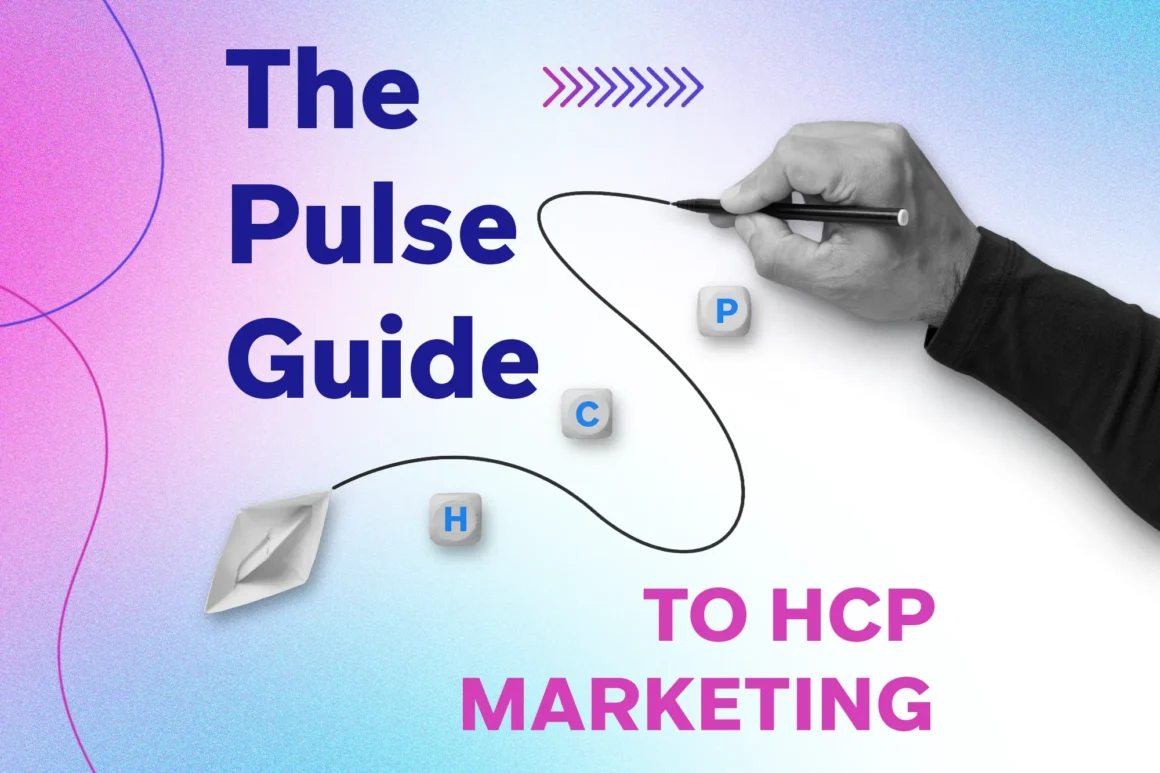 A hand holding a pen sketches a flowing line that connects a paper boat icon to keyboard keys labeled H, C, and P over a pink-and-blue gradient, alongside bold navy text reading “The Pulse Guide.”