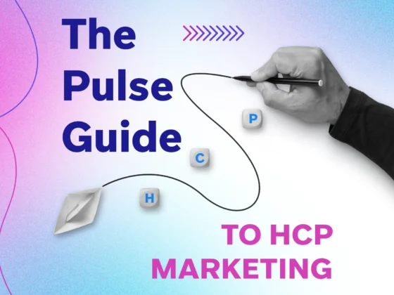 A hand holding a pen sketches a flowing line that connects a paper boat icon to keyboard keys labeled H, C, and P over a pink-and-blue gradient, alongside bold navy text reading “The Pulse Guide.”