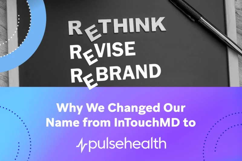 A chalkboard displays the words RETHINK, REVISE, and REBRAND in wooden letter tiles, accompanied by a pen, atop a purple-blue gradient banner explaining the company’s name change.