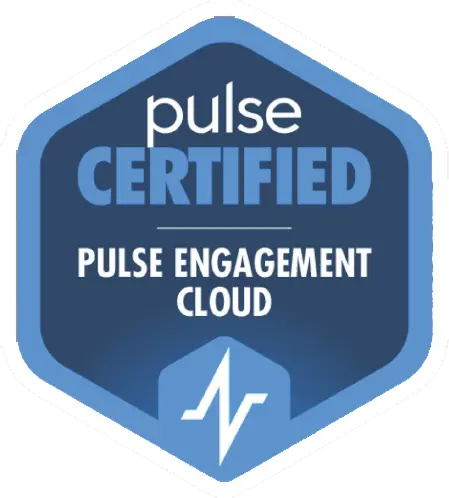 Hexagonal blue badge reading “pulse CERTIFIED” with “PULSE ENGAGEMENT CLOUD” beneath and a white heartbeat icon at the bottom.