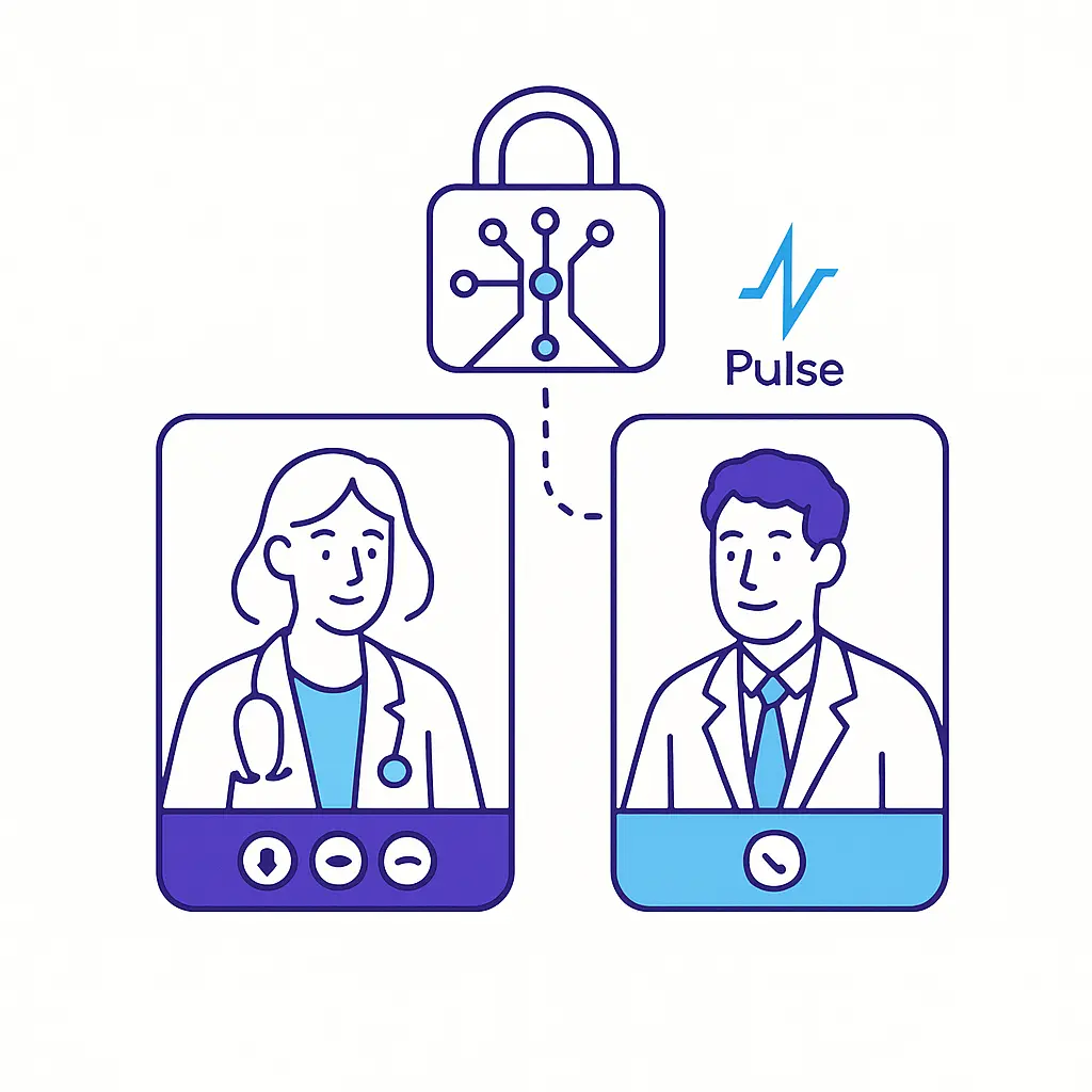 A padlock with circuit-like lines hovers above two clinician video windows—one showing a female doctor and the other a male professional—linked by a dotted line next to the Pulse Health logo.