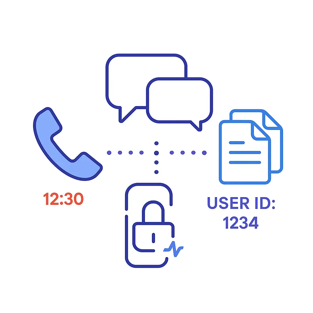 A telephone handset icon, overlapping chat bubbles, and document pages connect via dotted lines to a smartphone displaying a padlock and heartbeat mark, with “12:30” and “USER ID: 1234” labels.