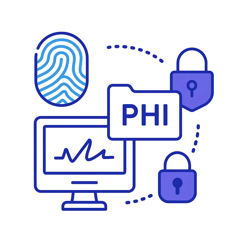 A blue fingerprint icon is linked by dotted lines to a “PHI” folder icon, with two purple padlocks flanking the folder in a circular pattern.