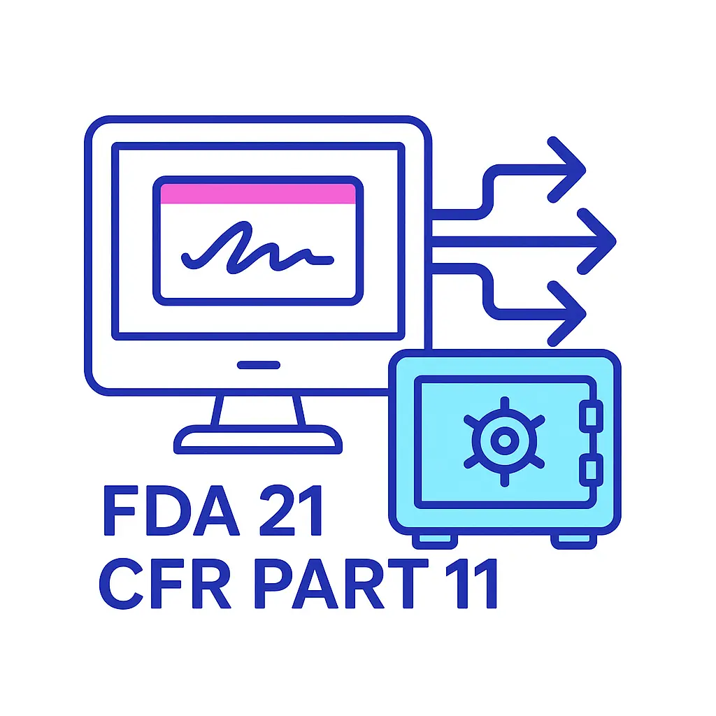 A desktop monitor showing a stylized pink e-signature icon is connected by three blue arrows to a secure vault safe below, with the label “FDA 21 CFR PART 11” beneath the illustration.