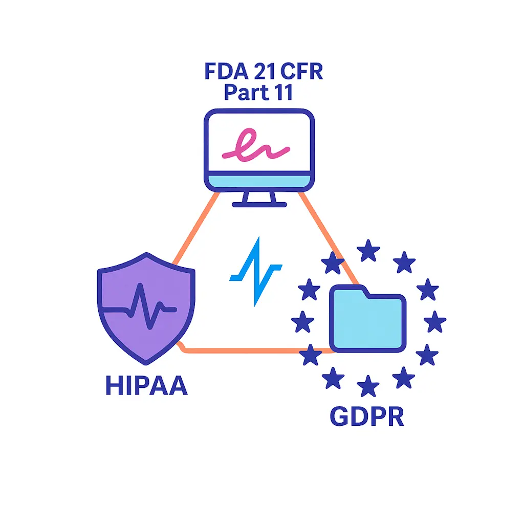 A computer monitor displaying a pink e-signature icon labeled “FDA 21 CFR Part 11” sits at the top of a triangle formed by orange lines connecting to a purple shield icon labeled “HIPAA” on the left and a blue folder icon ringed by stars labeled “GDPR” on the right, with Pulse Health’s heartbeat logo at the center.