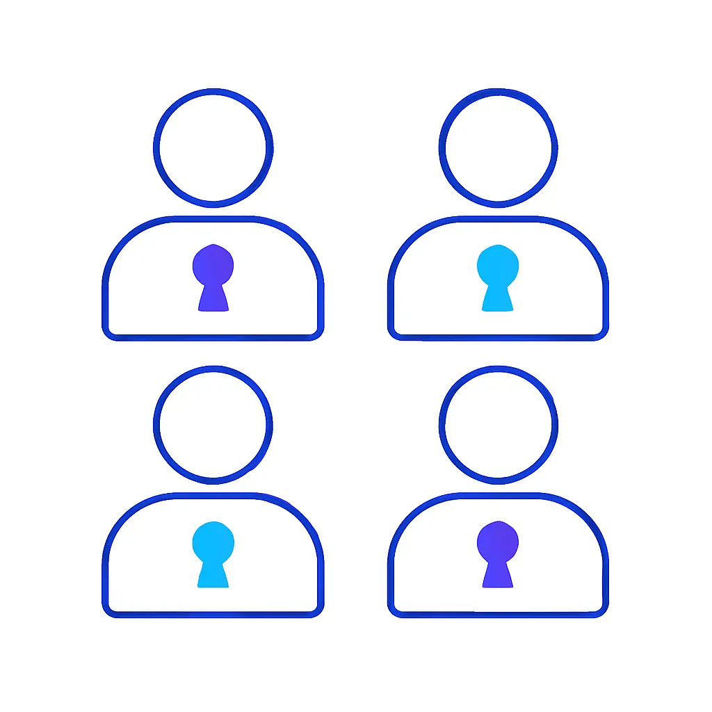 Four outline figures are arranged in a grid, each bearing a purple or teal keyhole symbol on the chest against a white backdrop.