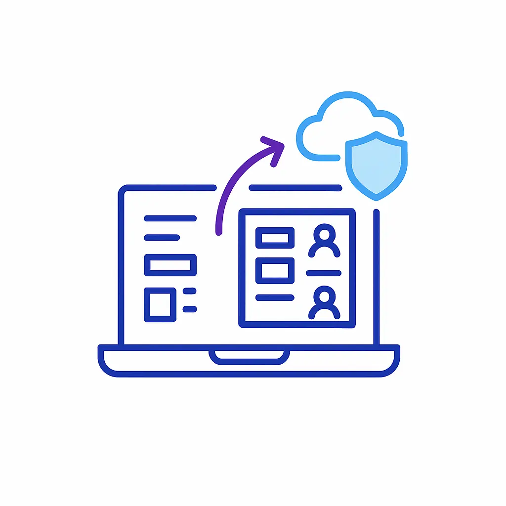 A laptop screen displays a user interface panel beside an arrow pointing to a cloud and shield icon, all rendered in blue outline on white.