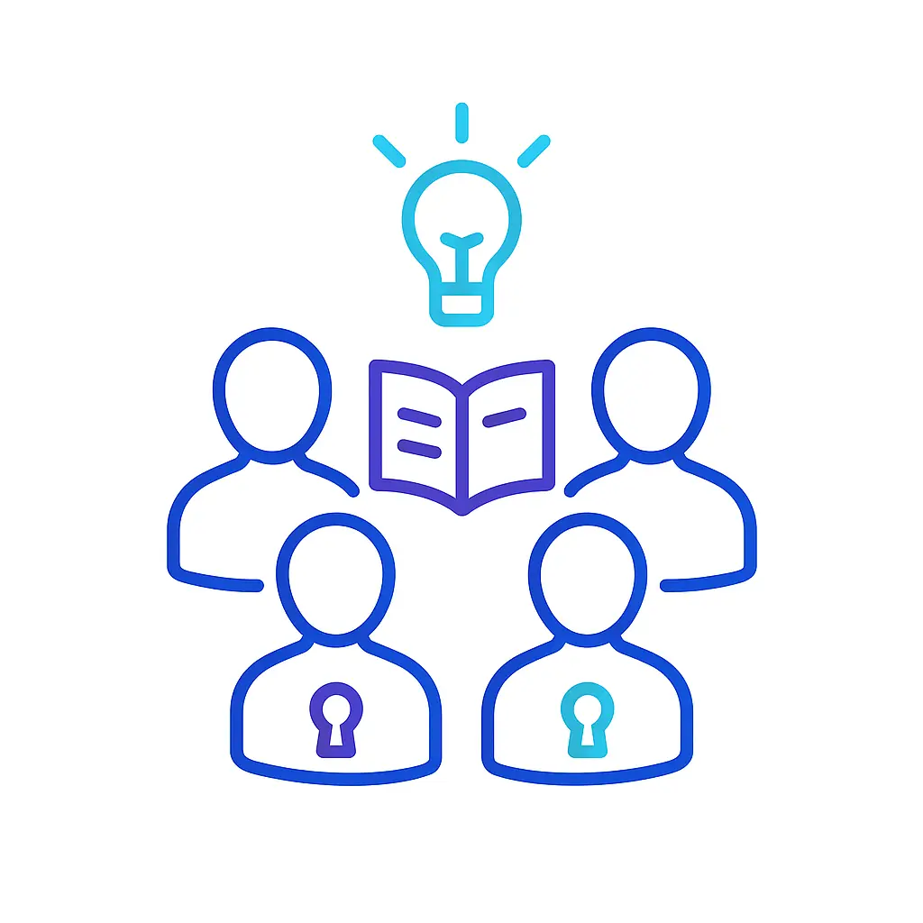 Four outline figures circle an open book with a teal lightbulb icon above, each figure marked by a purple or blue keyhole on the chest.