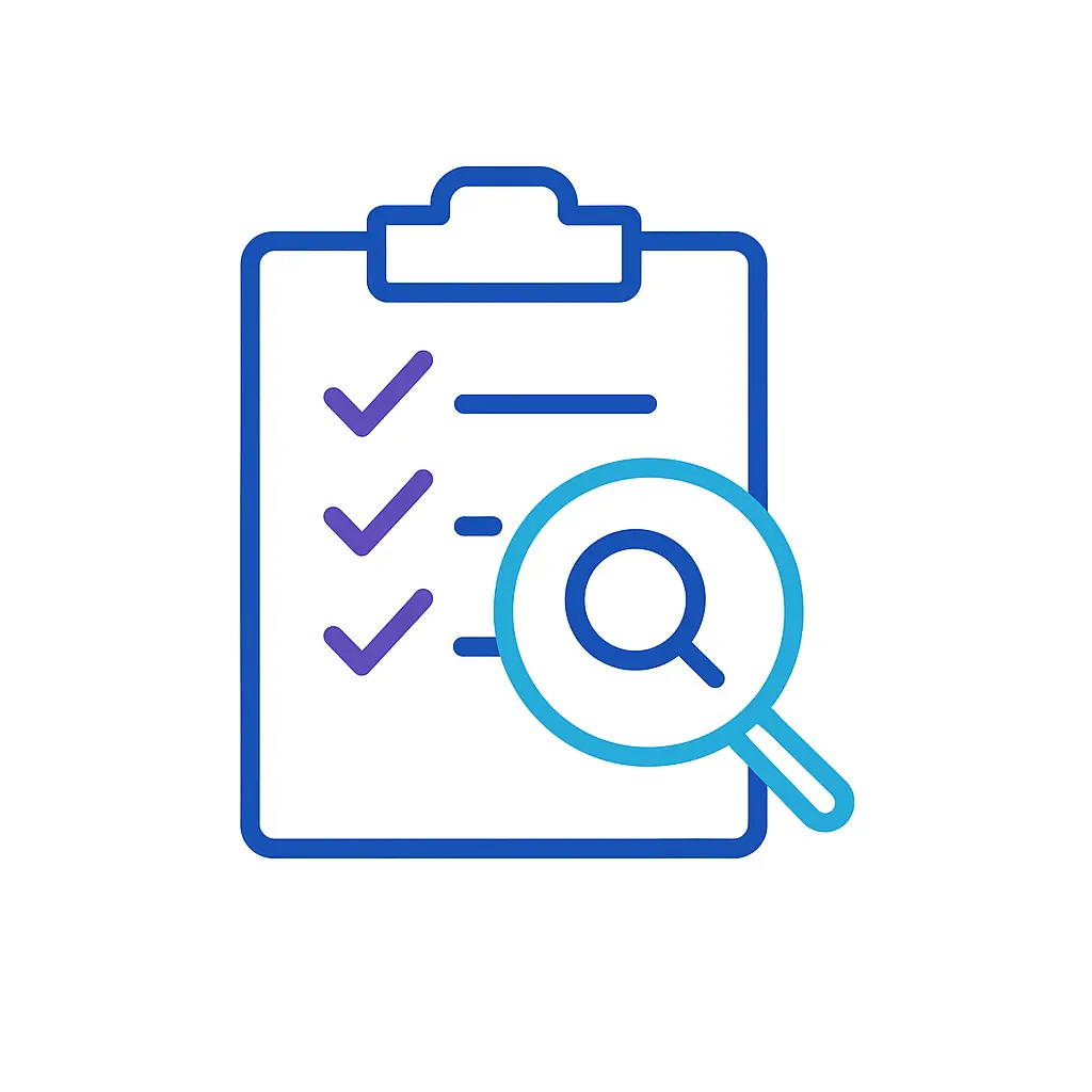 A clipboard bearing a checklist is overlaid by a magnifying glass, all in blue outline on a white backdrop.