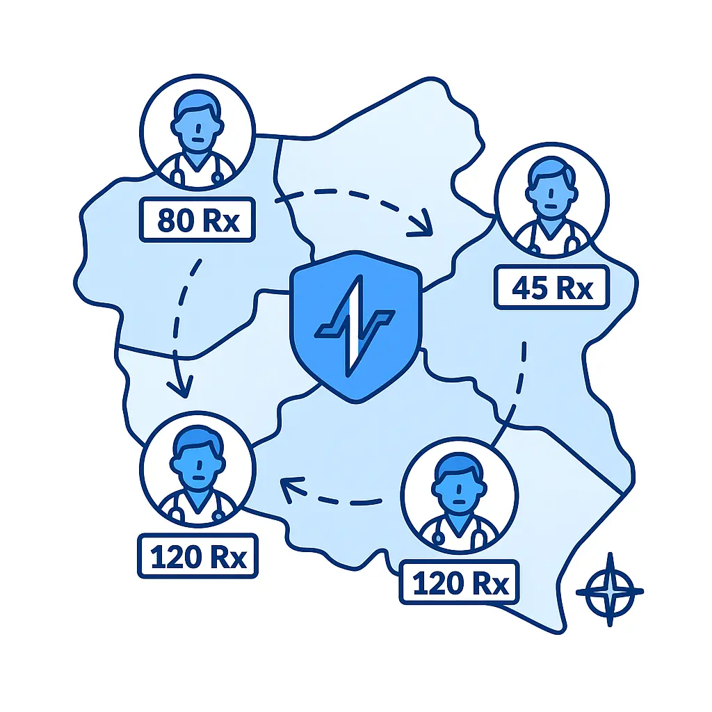 A territory map with healthcare provider icons showing prescription metrics and a dotted rep route with arrows.