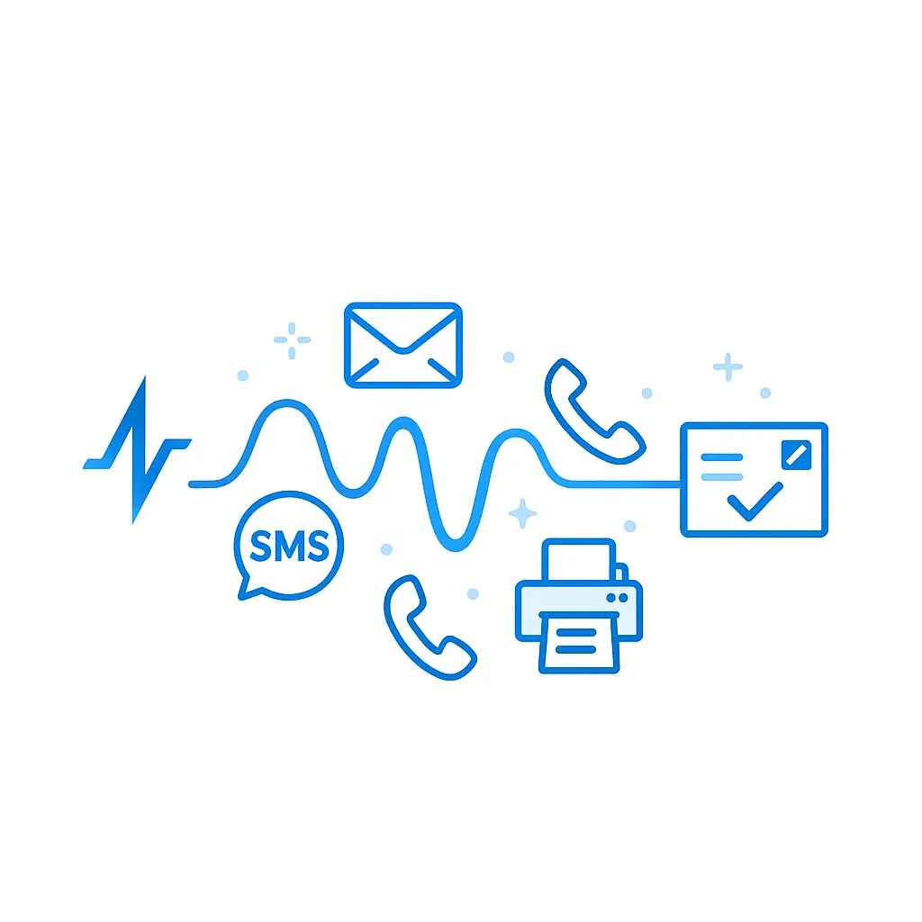 A stylized pulse waveform flowing from the Pulse Health icon through icons for SMS, email, phone, fax, and mail with checkmark.