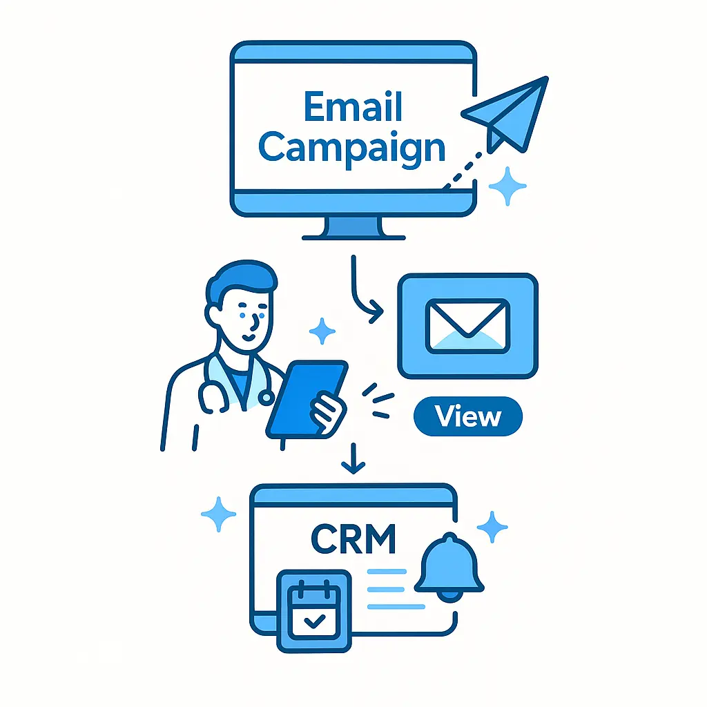 Three vertical steps show email campaign sent, HCP viewing it, and a CRM follow-up scheduled.