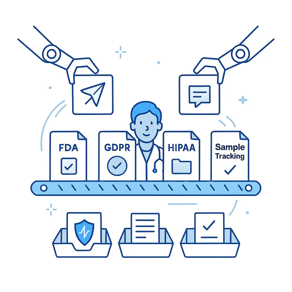 Robotic arms sort documents labeled FDA, GDPR, HIPAA, and Sample Tracking into trays on a conveyor belt.