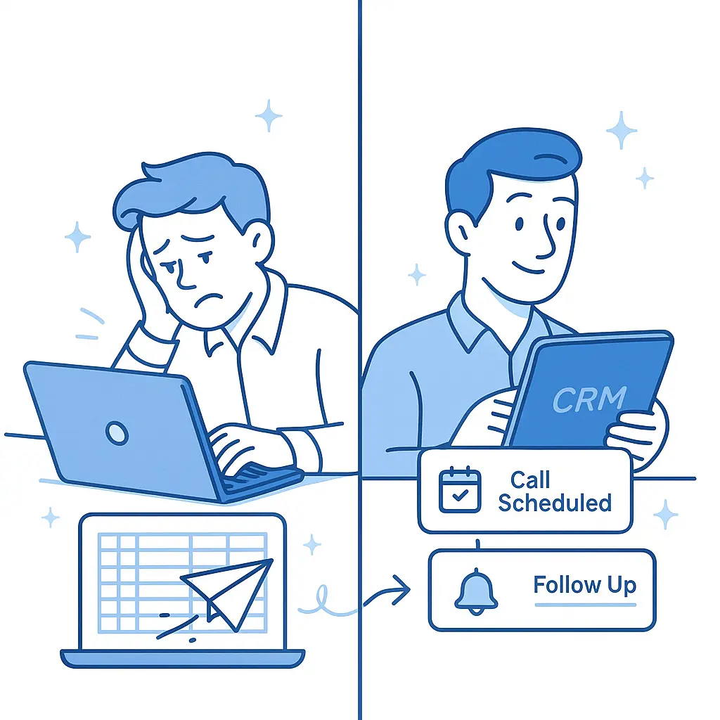 A frustrated rep manually enters spreadsheet data, contrasted with a relaxed rep using an automated CRM.