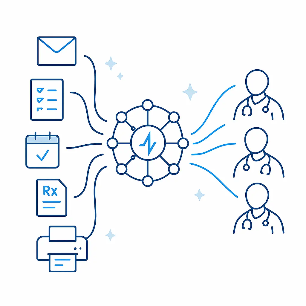 Raw CRM data icons feed into a neural network node, which outputs rays of insight to healthcare provider icons.