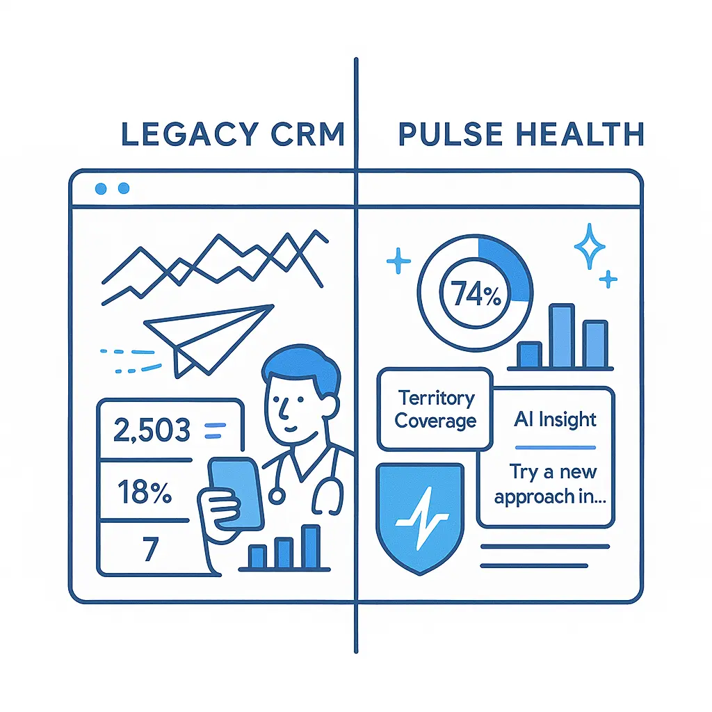Split screen comparing a cluttered legacy CRM dashboard and a sleek Pulse Health interface with KPIs.
