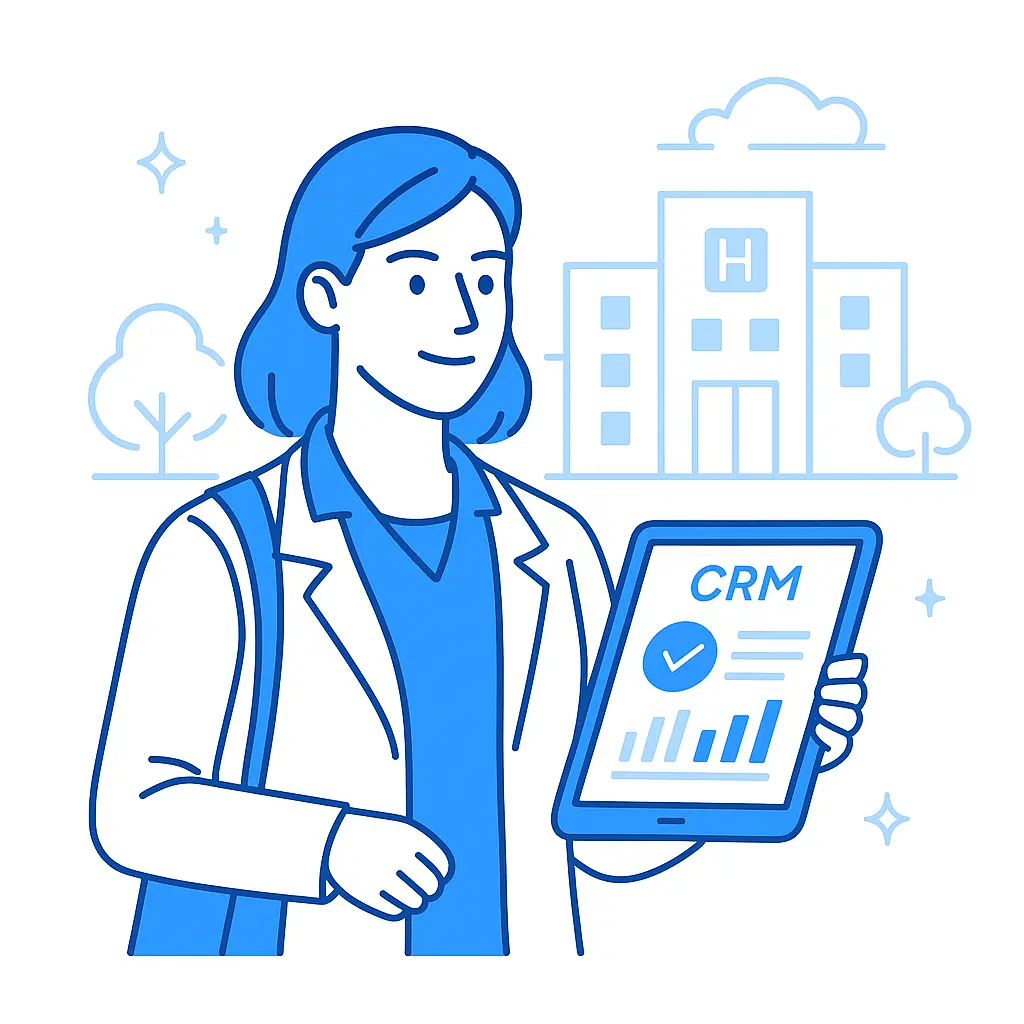 A pharmaceutical sales representative stands confidently in front of a hospital, holding a tablet with a CRM dashboard.