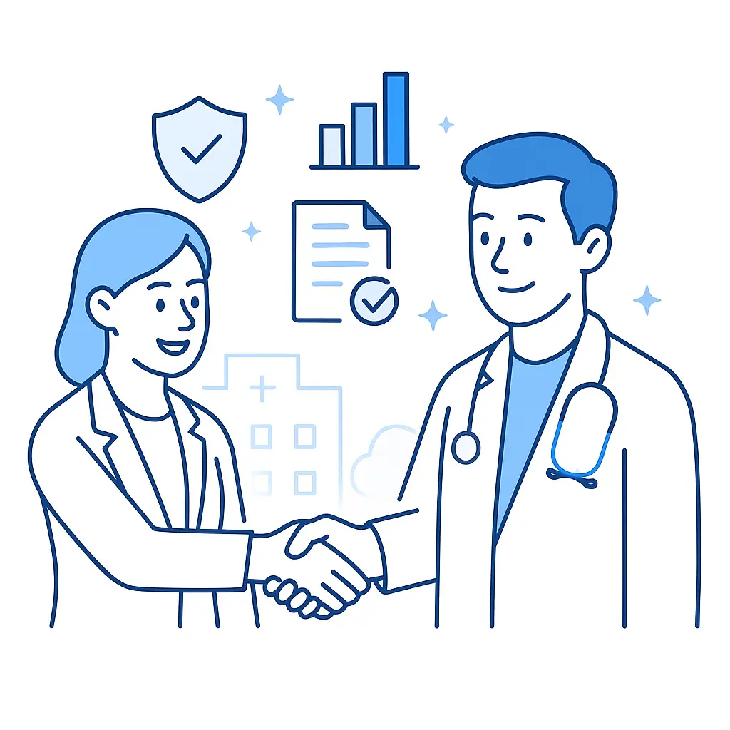 A pharma rep and a healthcare provider shake hands with icons for trust, data, and compliance surrounding them.