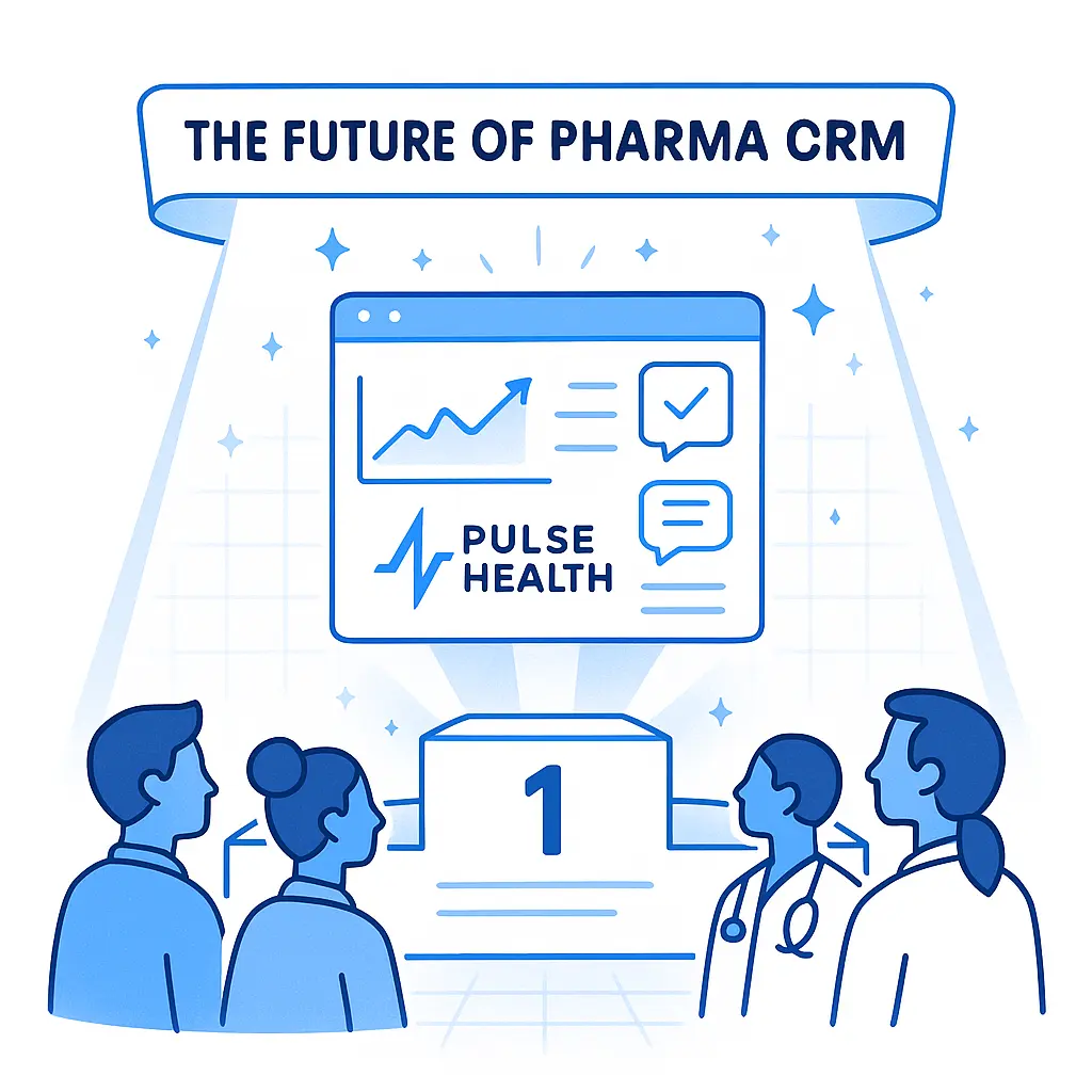 A glowing Pulse Health interface hovers above a podium labeled “1,” under a banner reading “The Future of Pharma CRM.”