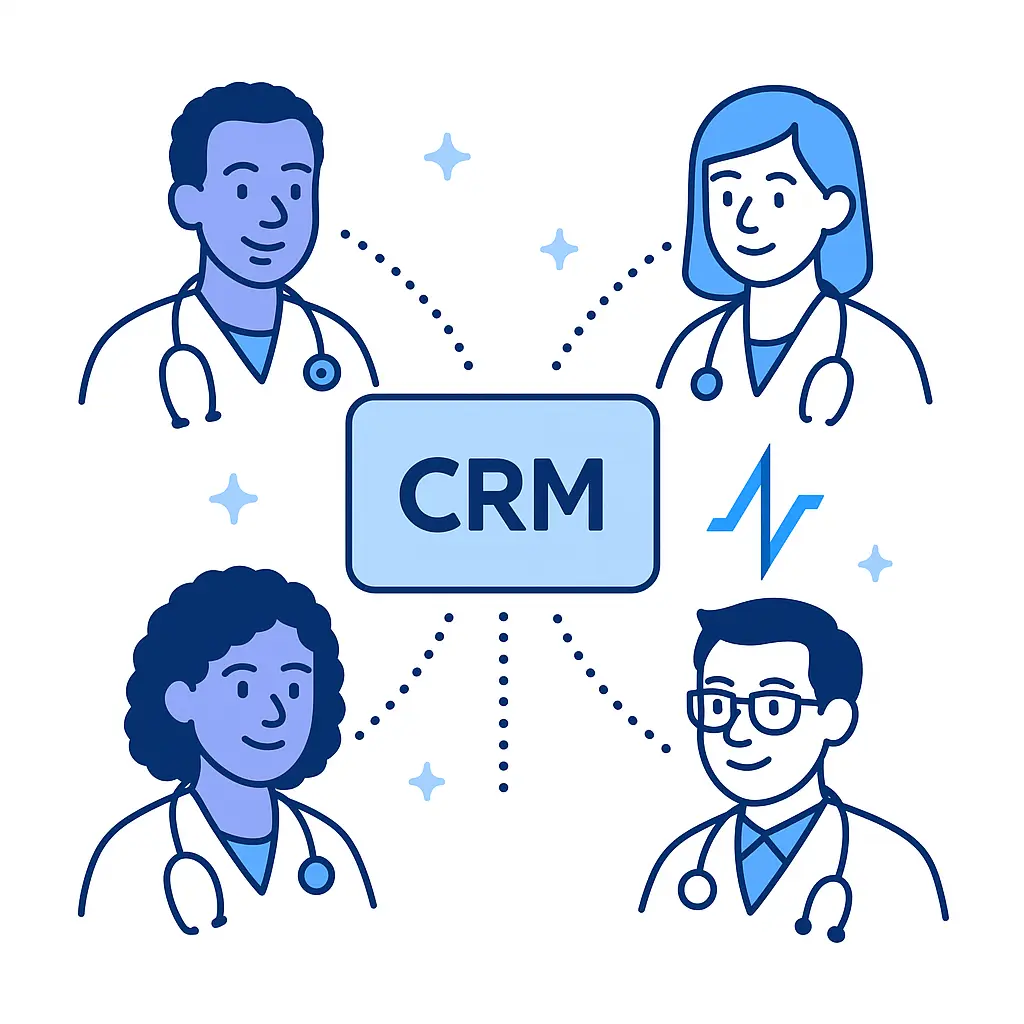 Diverse HCP avatars linked by dotted lines to a central CRM node with the Pulse Health icon beside it.