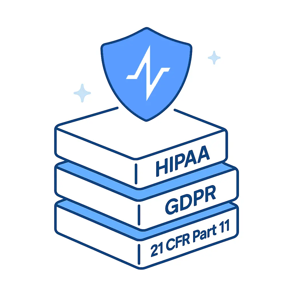 Three stacked blocks labeled HIPAA, GDPR, and 21 CFR Part 11 with a protective shield icon on top.
