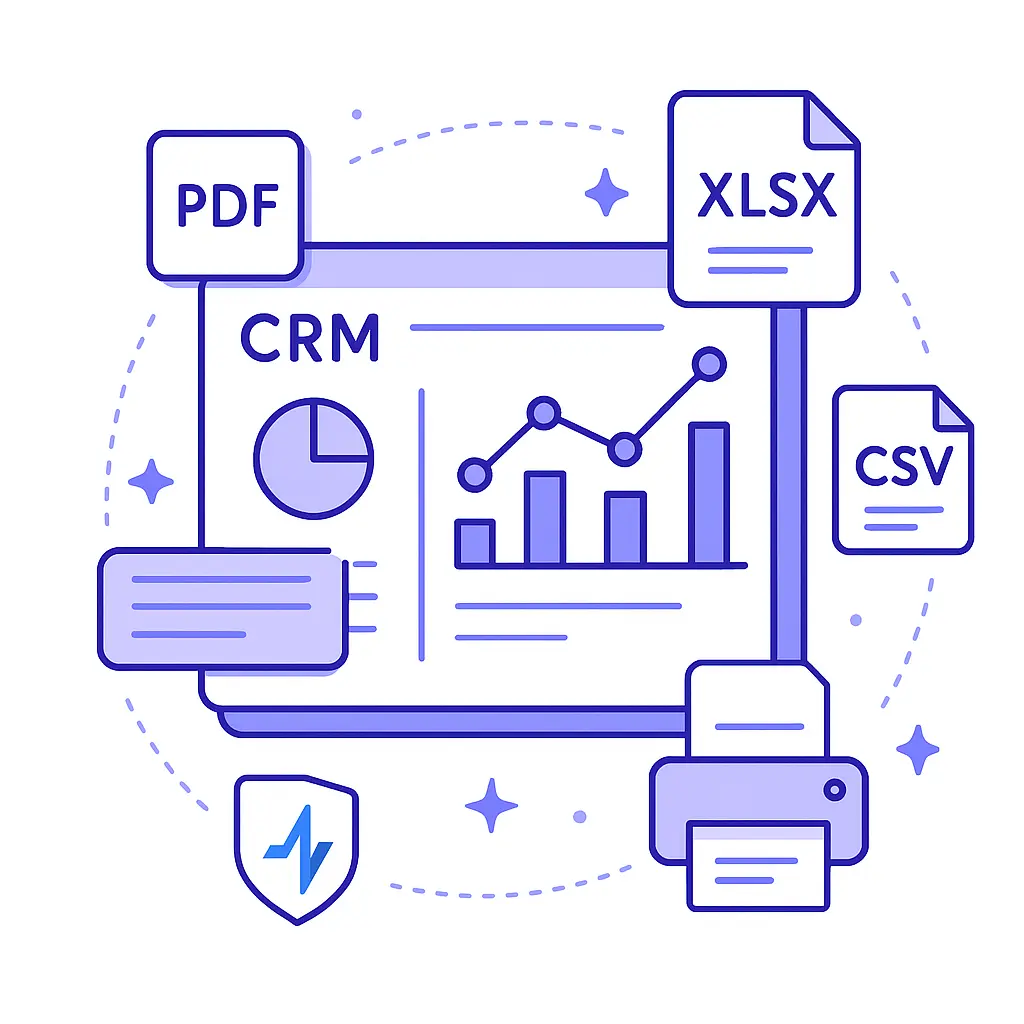 A CRM dashboard illustration showing charts and icons for PDF, XLSX, and CSV exports with dotted automation lines.