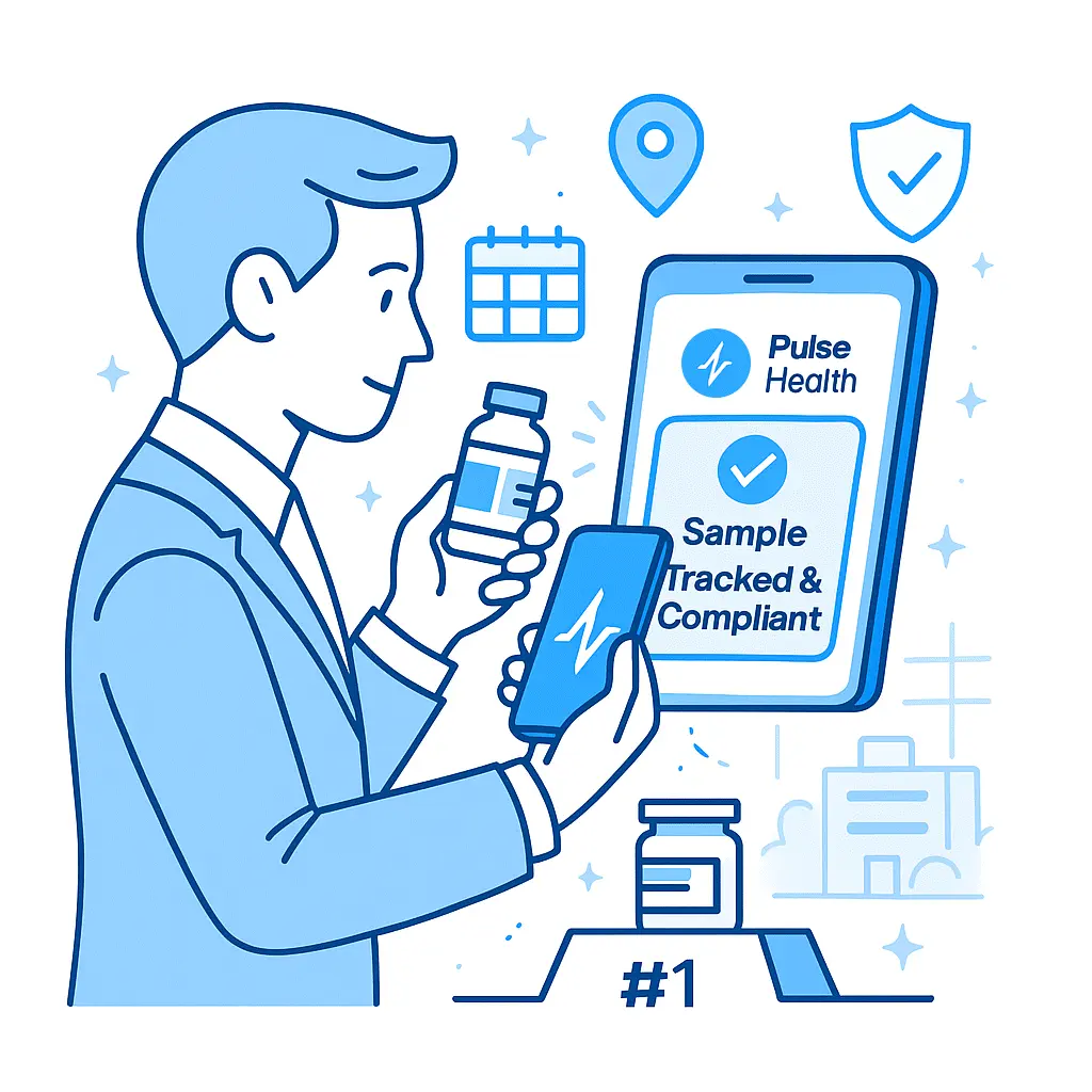 A pharmaceutical rep scans a sample bottle using the Pulse Health CRM app, confirming compliance.