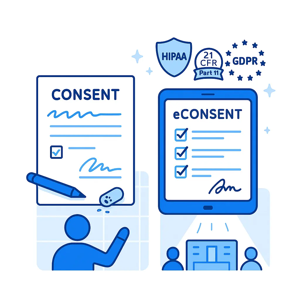 Side-by-side comparison of a messy paper consent form and a clean digital eConsent with compliance icons.