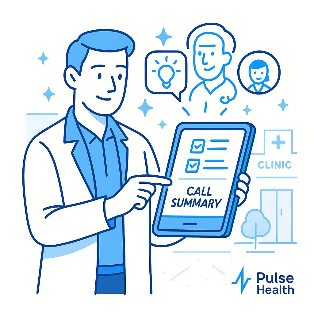 A pharma rep outside a clinic taps “Call Summary” on a tablet while icons for insights and feedback float above.