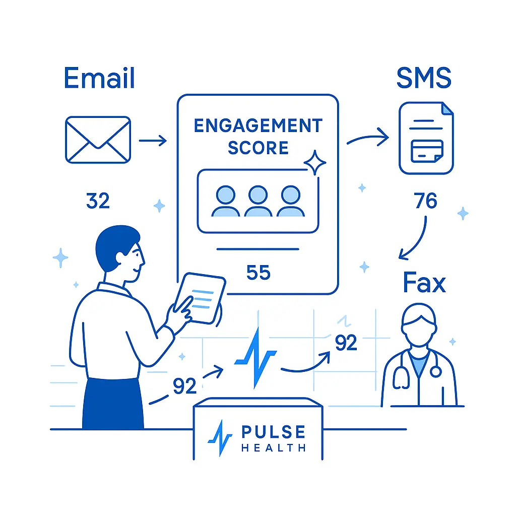 A flow diagram shows rising engagement scores through email, SMS, fax, and in-person visits connected by Pulse Health.