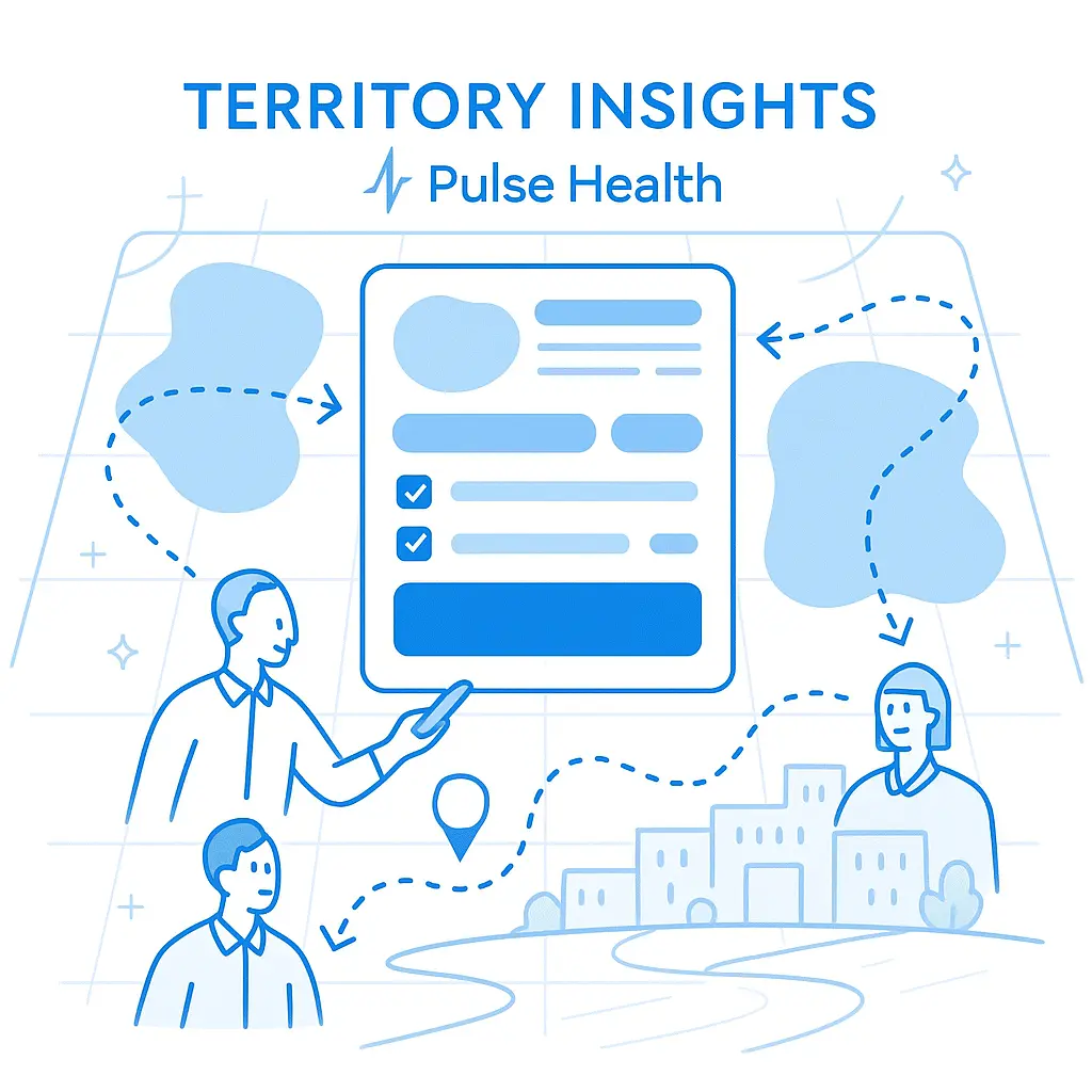 Territory map shows hot zones, rep travel paths, and a Pulse Health dashboard interface for insights.