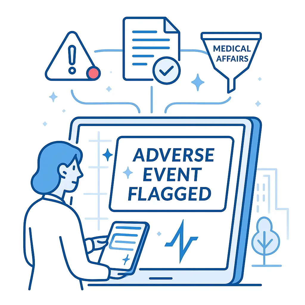 A tablet displays “Adverse Event Flagged” with connected icons for medical alert, compliance, and medical affairs funnel.