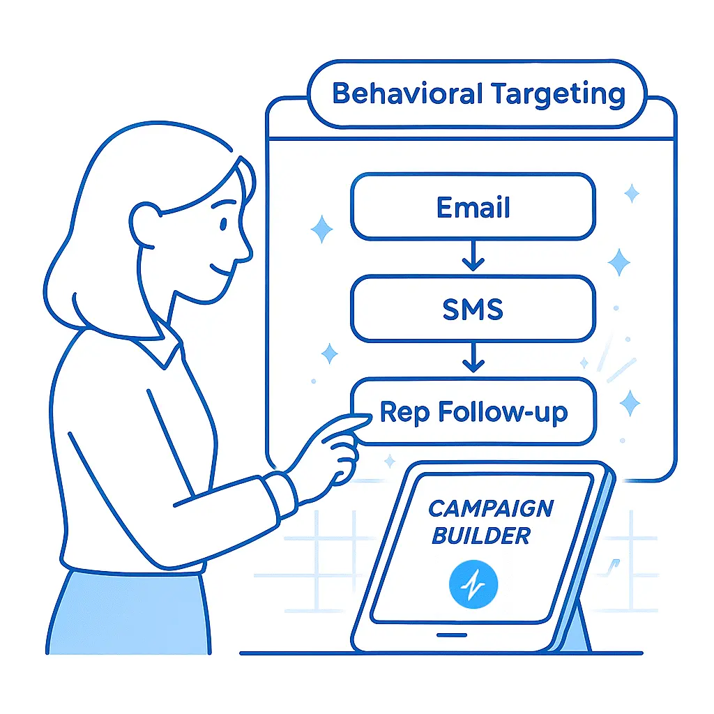 A marketer configures a drag-and-drop campaign flow using blocks labeled Email, SMS, and Rep Follow-up under “Behavioral Targeting.”
