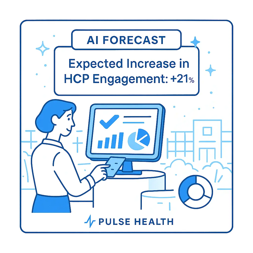 CRM screen shows a +21% forecasted increase in HCP engagement alongside bar, line, and donut charts.
