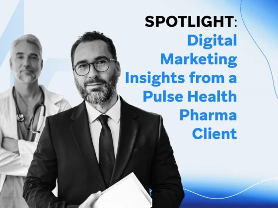 Two professionals—a marketer in a suit holding a folder and a clinician in a lab coat—against a blue gradient background with the text “A Conversation with the Head of Digital Marketing at a Pulse Pharma Client.”