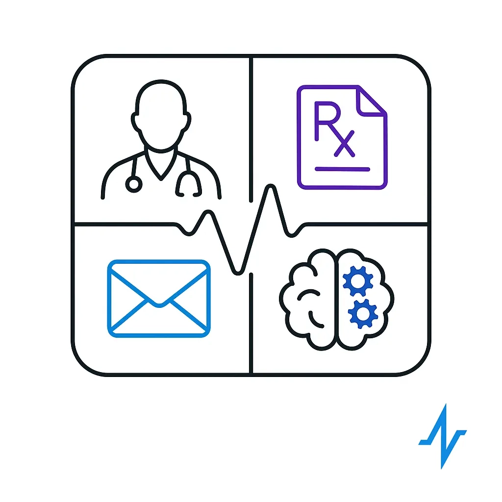 A rounded‐corner square divided into four sections by a central heartbeat line: top left shows a doctor silhouette, top right an Rx prescription sheet, bottom left an envelope icon, and bottom right a brain with cogwheels. A subtle pulse-line logo in the lower corner ties it to the brand.