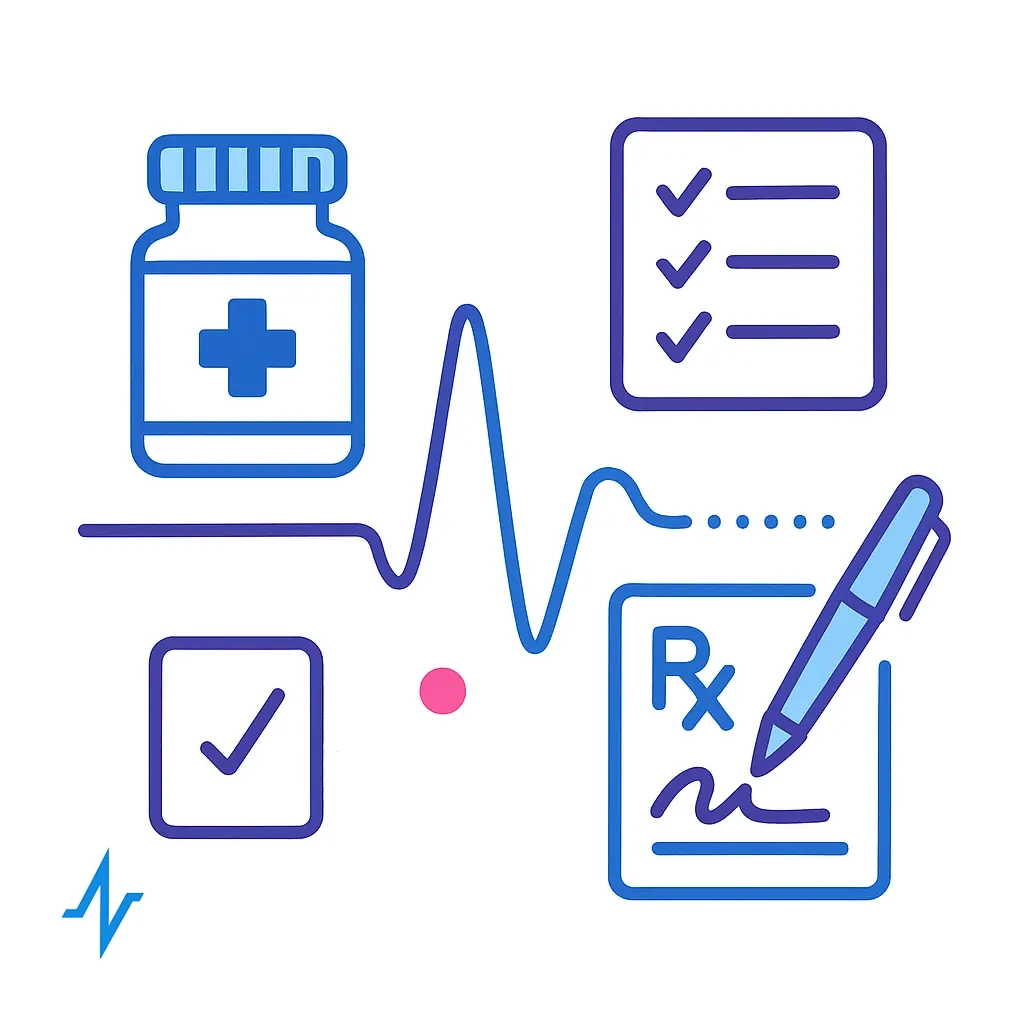 A central EKG waveform connects a medicine bottle icon, a checklist box, and an Rx form being signed with a pen, all arranged around the pulse logo to depict prescription and follow-up steps.