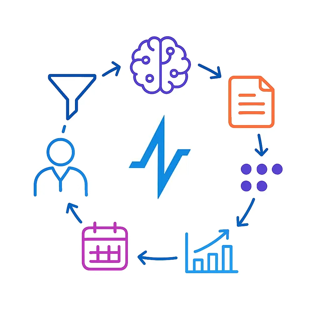 Six colored icons form a circular flow around the pulse logo: a funnel leading to a user head, then a brain, a document, segmented dots, a rising-trend chart, and a calendar, with arrows connecting each step to illustrate ongoing refinement.