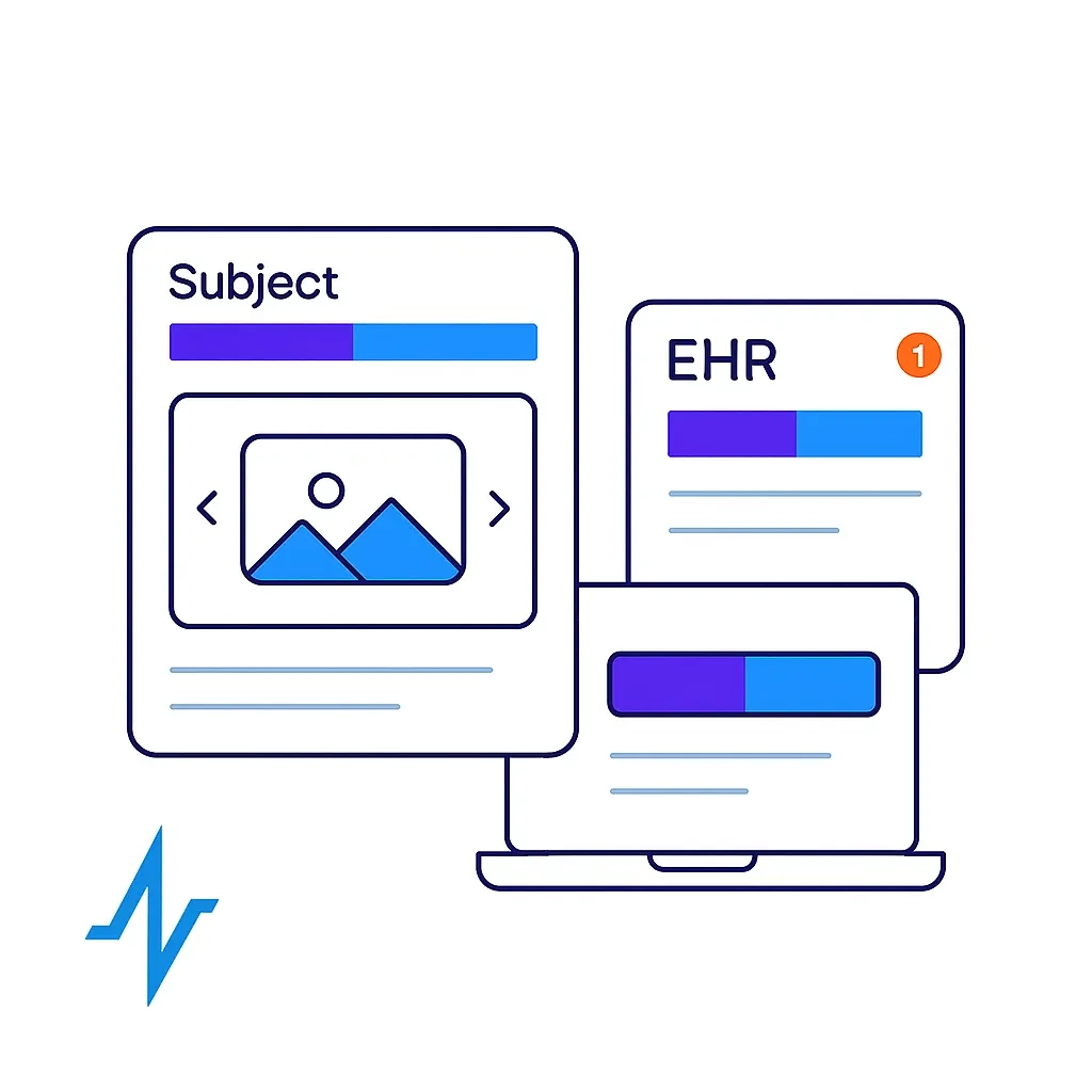 Three overlapping screens—a “Subject” card with a purple-to-blue progress bar and image carousel, an EHR panel with notification badge, and a laptop view with another progress bar—depict synchronized content previews across systems, with the pulse logo marking brand consistency.