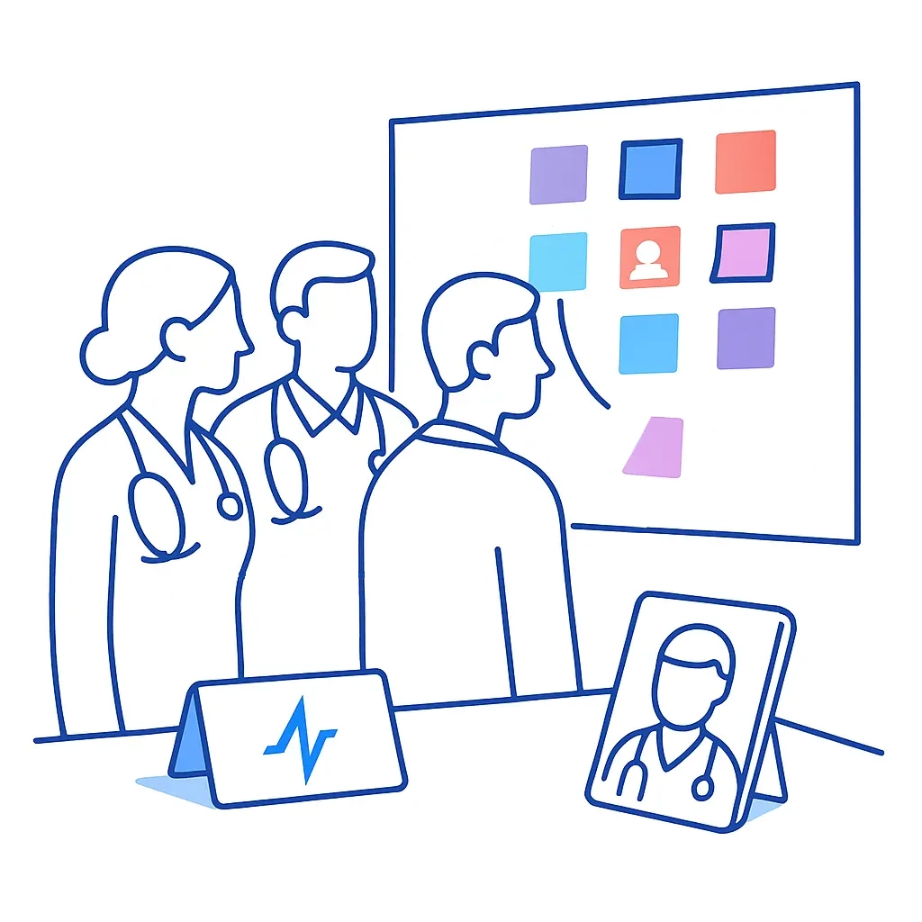 Three clinicians stand before a wall covered in colored sticky-note squares and persona cards; a branded tabletop nameplate and a framed profile on a side table suggest organized, hands-on brainstorming and stakeholder alignment.