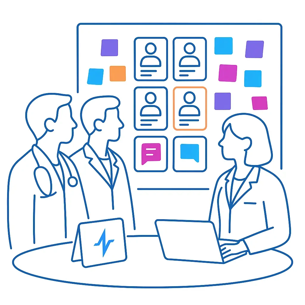 A clinician and two colleagues gather around a rounded table, one working on a laptop, as they consult a wall display dotted with persona snapshots and notes—illustrating hybrid teamwork between on-site and virtual participants under the pulse banner.