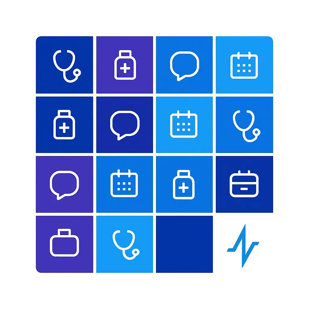 A 4×4 grid of colored squares (blues and purples) each contains a white-outline icon—stethoscope, pill bottle, chat bubble, calendar, briefcase—except one blank square. The pulse-line logo anchors the corner, suggesting modular data visualization. A 4×4 grid of colored squares (blues and purples) each contains a white-outline icon—stethoscope, pill bottle, chat bubble, calendar, briefcase—except one blank square. The pulse-line logo anchors the corner, suggesting modular data visualization.