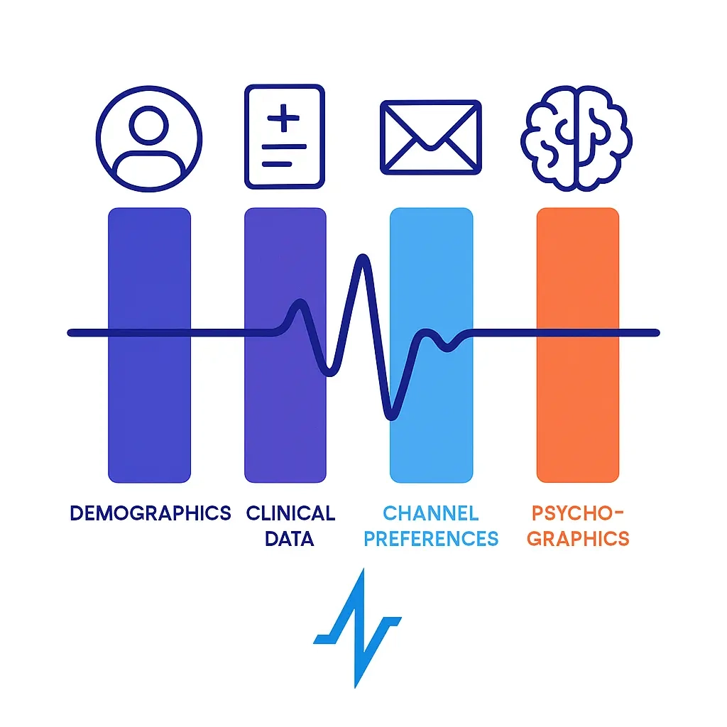 Four vertical bars in purple, dark purple, light blue, and orange labeled “Demographics,” “Clinical Data,” “Channel Preferences,” and “Psychographics,” each topped by its matching icon. A heartbeat line flows horizontally through the centers, with the pulse logo below.