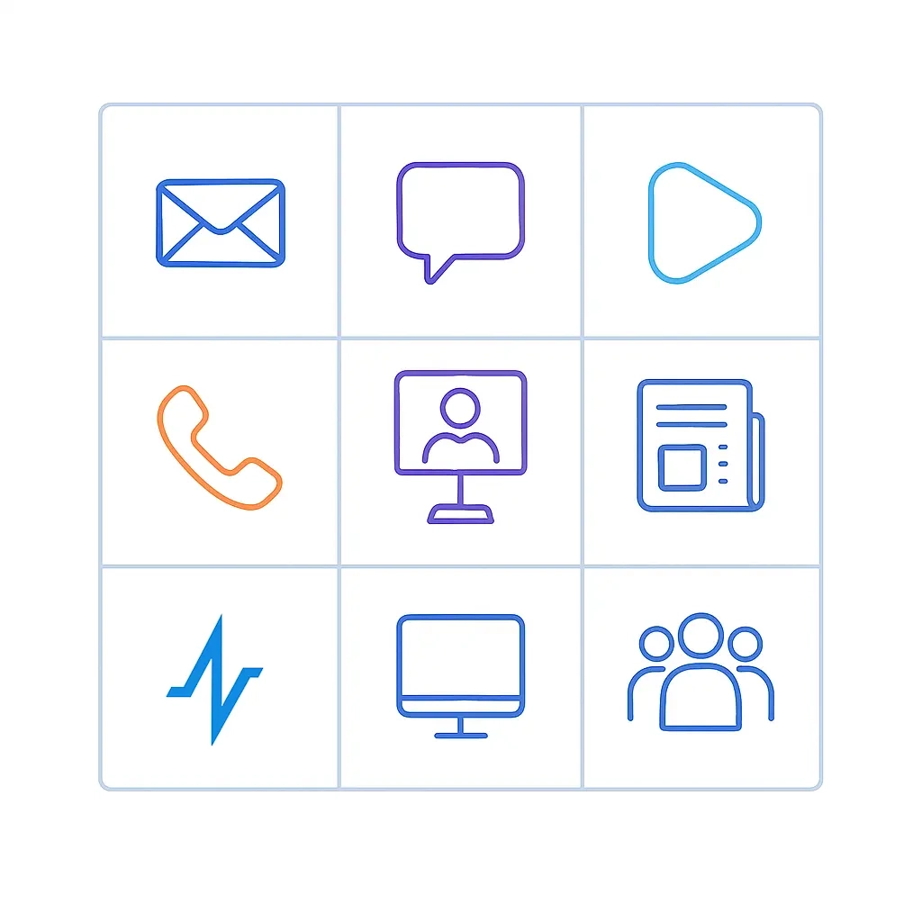 A clean 3×3 grid of outlined icons—email, chat, video, phone, virtual meeting, news article, the pulse logo, desktop dashboard, and peer group—each sitting in its own pale cell, visually mapping the full spectrum of HCP communication channels at a glance.