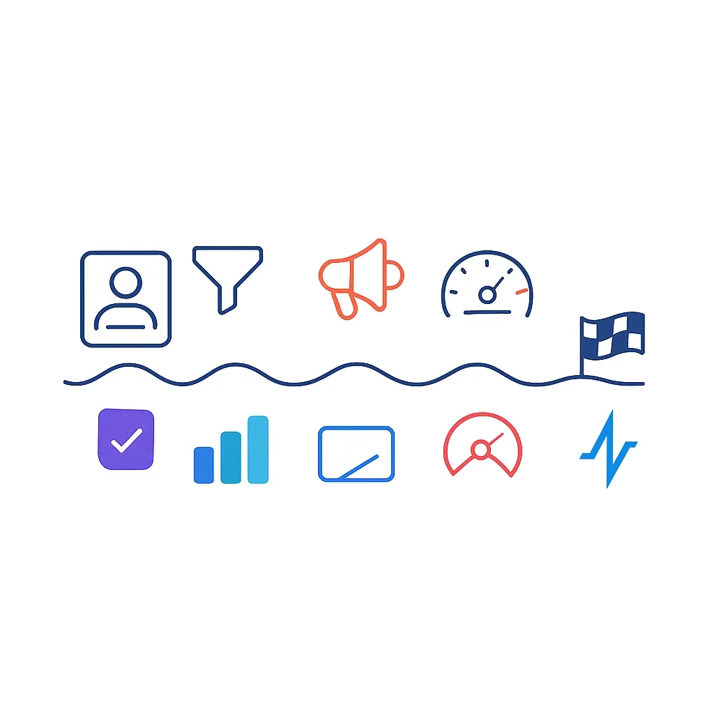 A wavy horizontal line represents a clinician’s path, with five milestone icons above (profile, funnel, megaphone, speedometer, finish flag) and five corresponding metric glyphs below (checkmark, bar chart, sparkline, gauge, pulse logo), illustrating end-to-end journey planning and measurement.