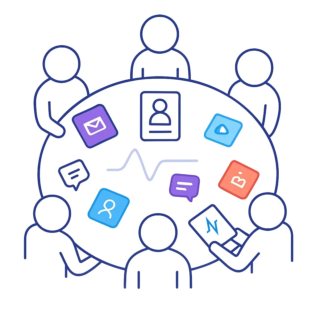 A bird’s-eye view of seven abstract figures seated around a circular table strewn with icon-tiles—email, chat bubble, persona card, play button, “B” badge, search—underscores an open workshop for cross-functional brainstorming under the pulse-line banner.