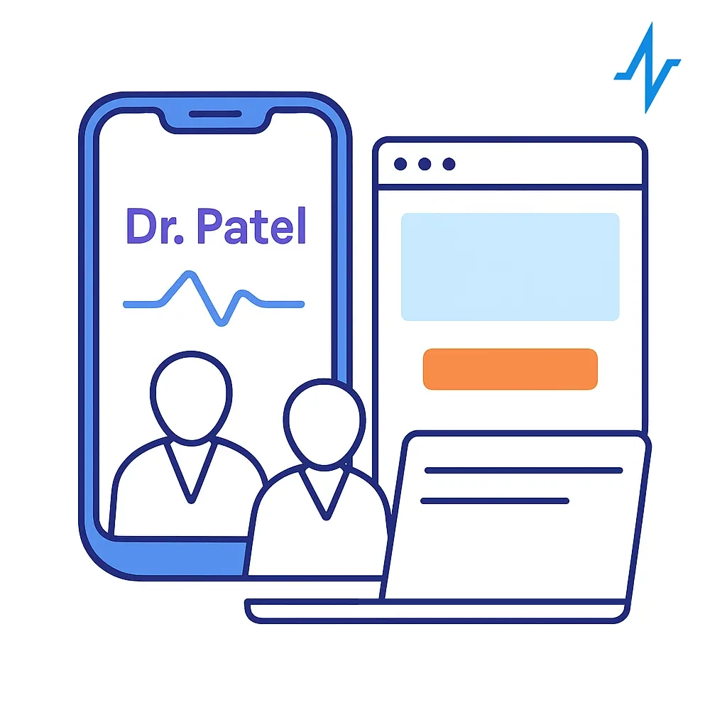 A large smartphone outline labeled “Dr. Patel” on its screen sits beside a browser-style panel and a laptop, with two clinician silhouettes in the foreground—depicting synchronized profile access across mobile, web, and desktop.